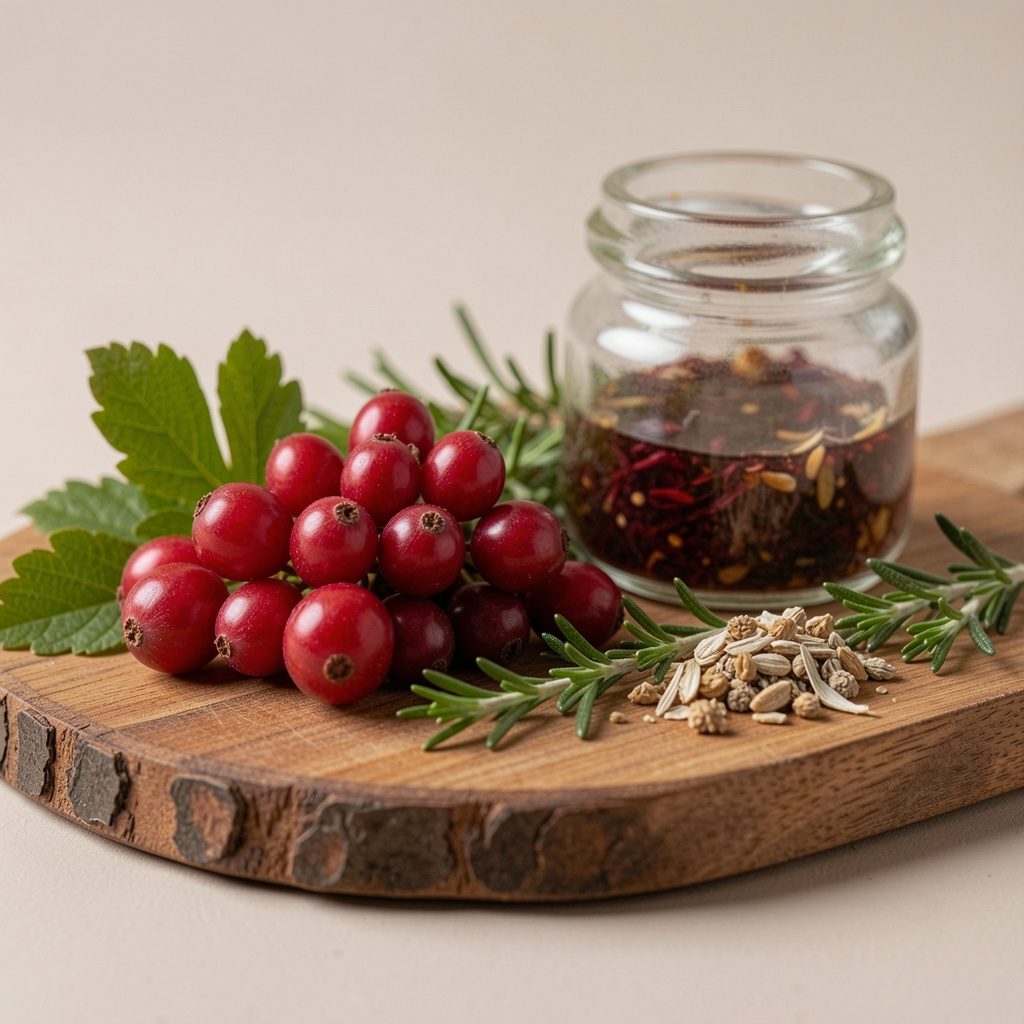 Natural ingredients display - hawthorn berries, herbs, and botanical extracts used in the supplement