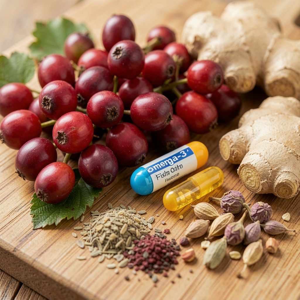 Natural supplement ingredients - hawthorn berries, omega-3 fish oil, ginger root, and botanical extracts